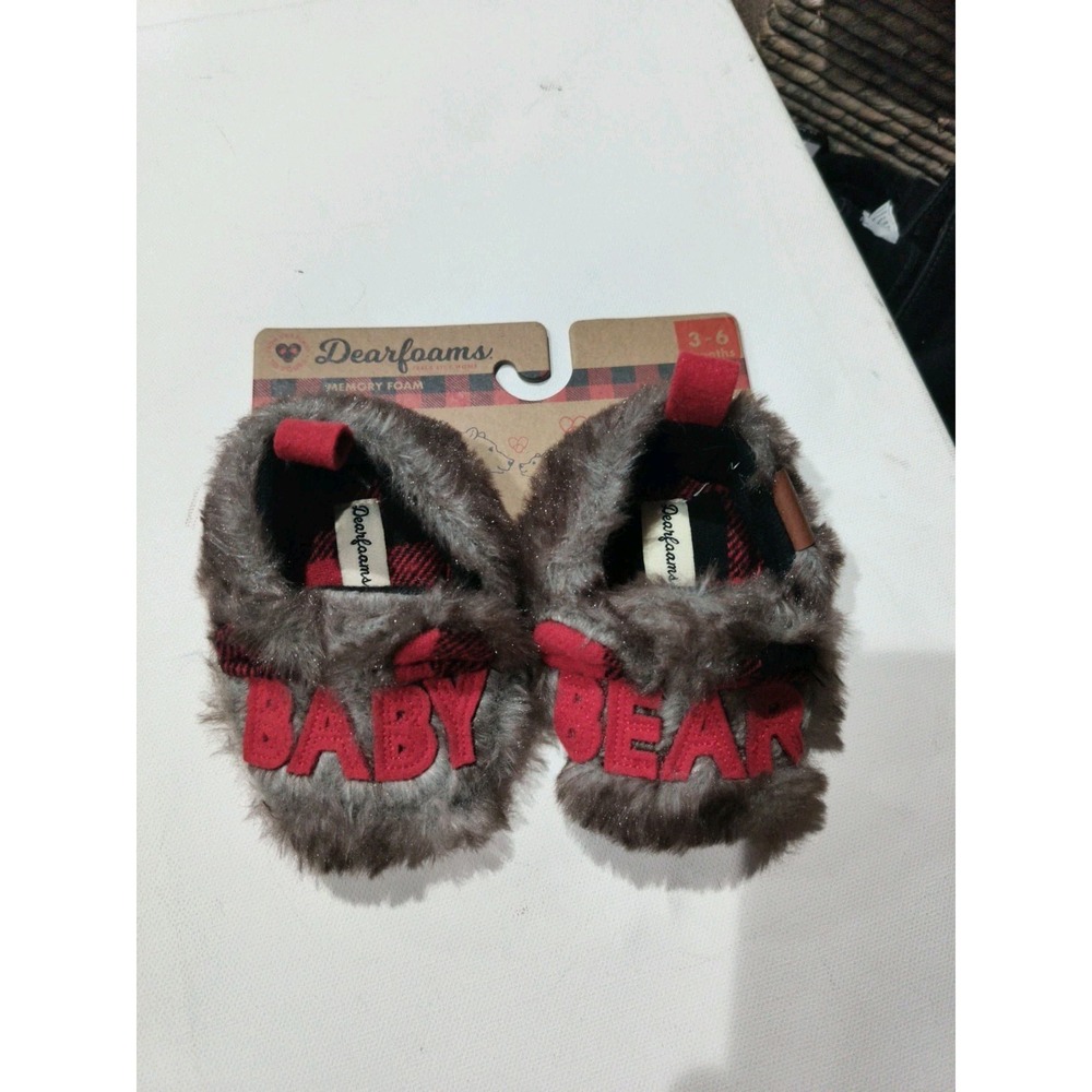 Baby Dearfoams BABY BEAR Applique Brown Faux Fur Fuzzy Slippers 3-6 Months